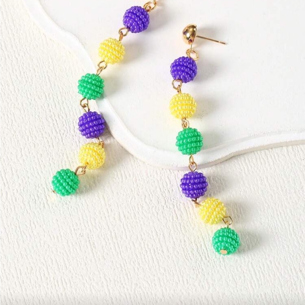 Mardi Gras Colorful Bead Drop Earrings - Picture 2 of 2